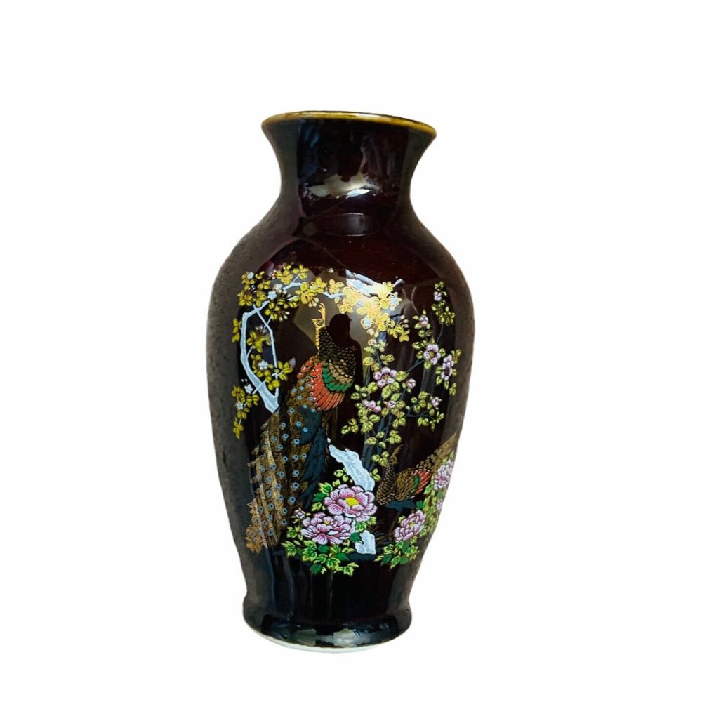 Asahi Floral Vase Japan Brown Gold Rim Peacock Bird Round Mini Vintage Rare 6"